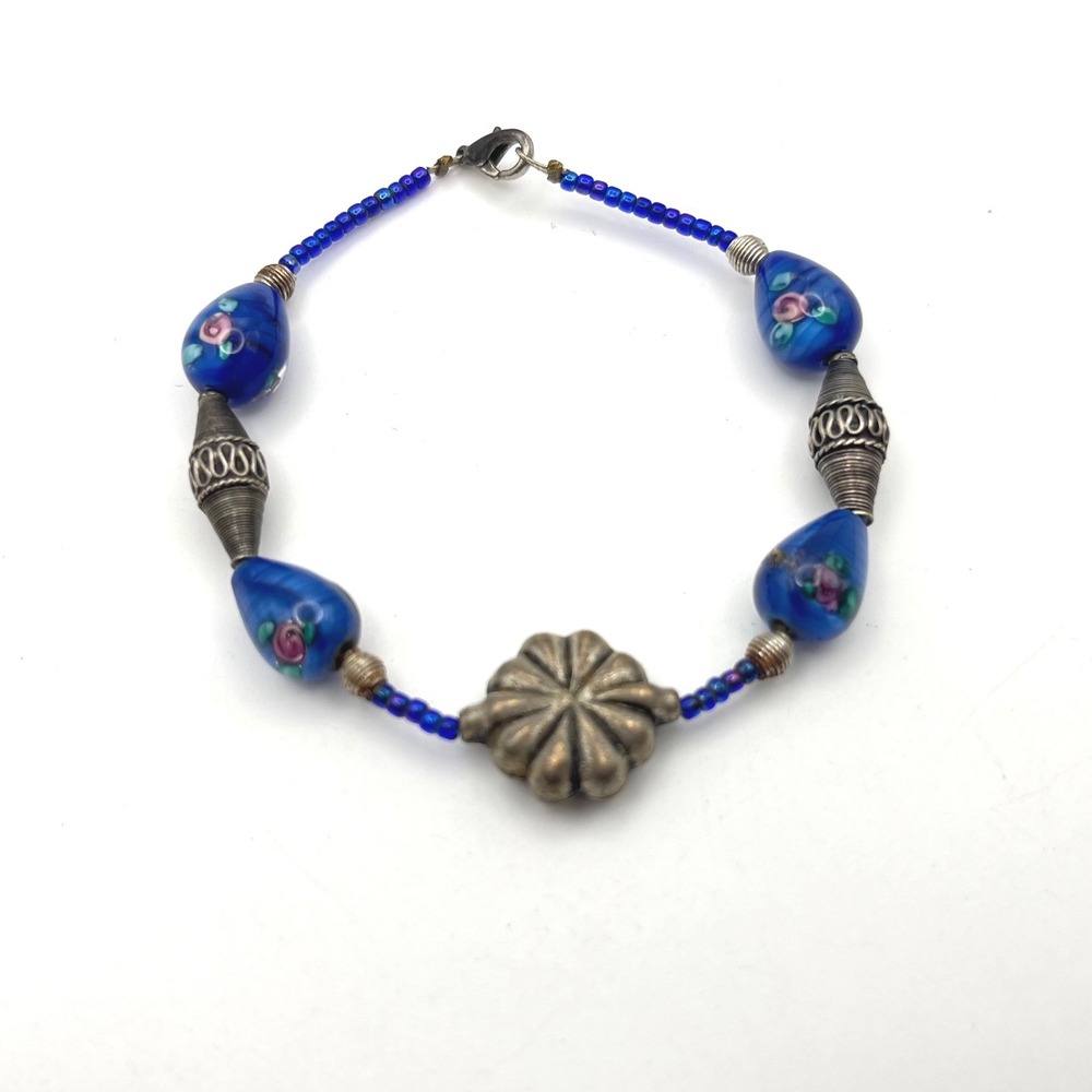 Cobalt Blue Lampwork Glass Floral Bead Bracelet Silver Tone‎ Flower Charm 6.75"